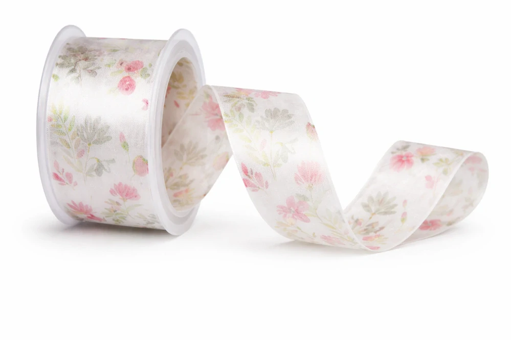 Stuha taftová BLOSSOM TALE WHITE bílá průsvitná 40mm x 2m