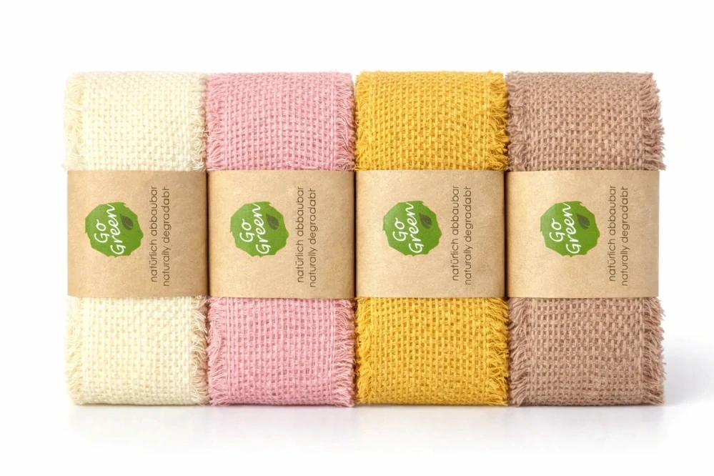 Village Soul – Sada 4 ks přírodních bavlněných stuh (Cream, Pink, Yellow, Natur) 4x 40mm x 2m (11,-Kč/m