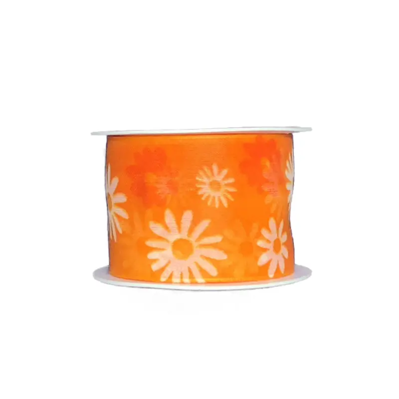 SPRING FLOWER ORANGE – taftová stuha oranžová s květinovým potiskem 40mm × 2m