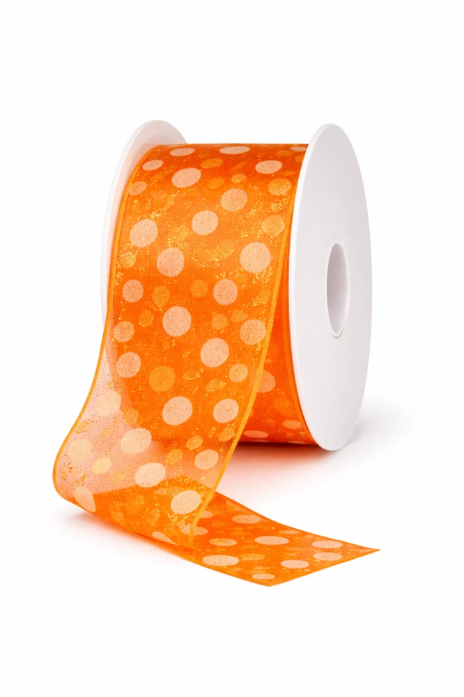Stuha organzová SPOTS ORANGE oranžová, průsvitná 40mm x 2m (10,-Kč/m)
