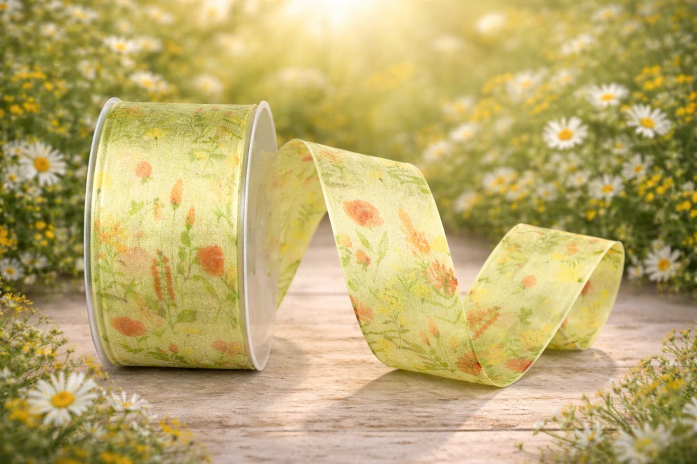 Stuha taftová WILDFLOWER MEADOW Light Green 40mm x 20m