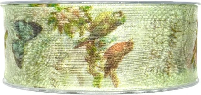 Taftová stuha Whispering Meadow – Butterflies & Birds 40mm × 20m