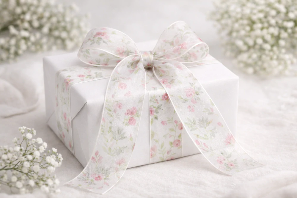 Stuha taftová BLOSSOM TALE WHITE bílá průsvitná 40mm x 2m