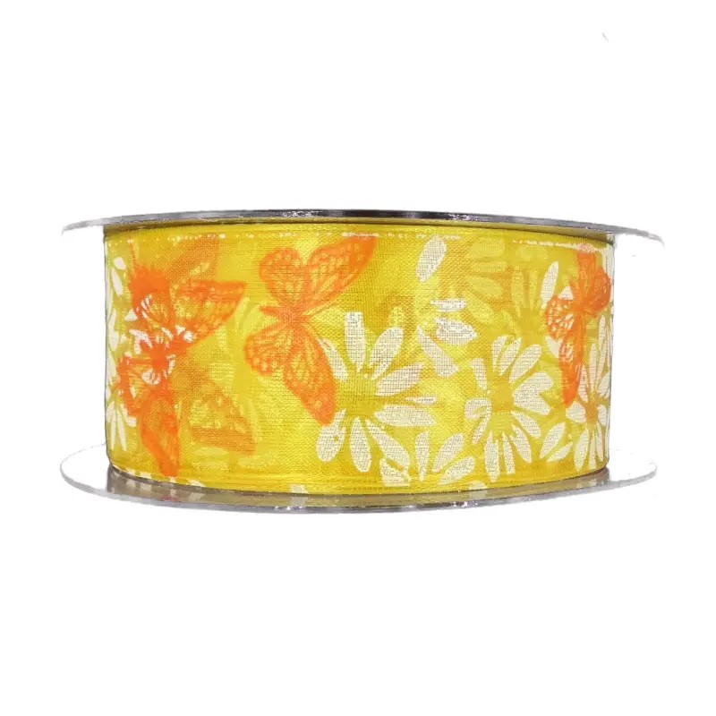 SUMMER DREAM – taftová stuha žlutá s květinovým potiskem 40mm × 20m