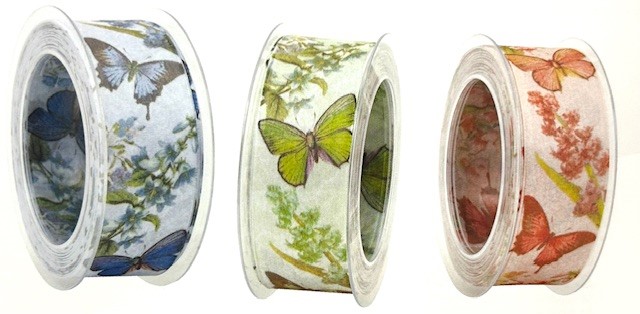 Taftová stuha Blue Butterfly Meadow 40mm × 20m – průsvitná, motýlí potisk