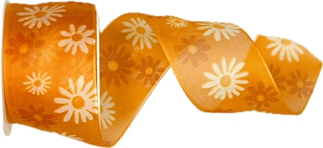 SPRING FLOWER ORANGE – taftová stuha oranžová s květinovým potiskem 40mm × 2m