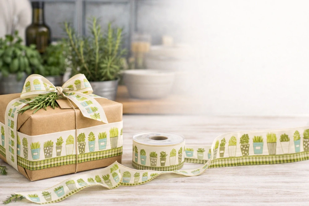 Garden Herbs – bavlněná stuha s drátkem 40mm × 20m