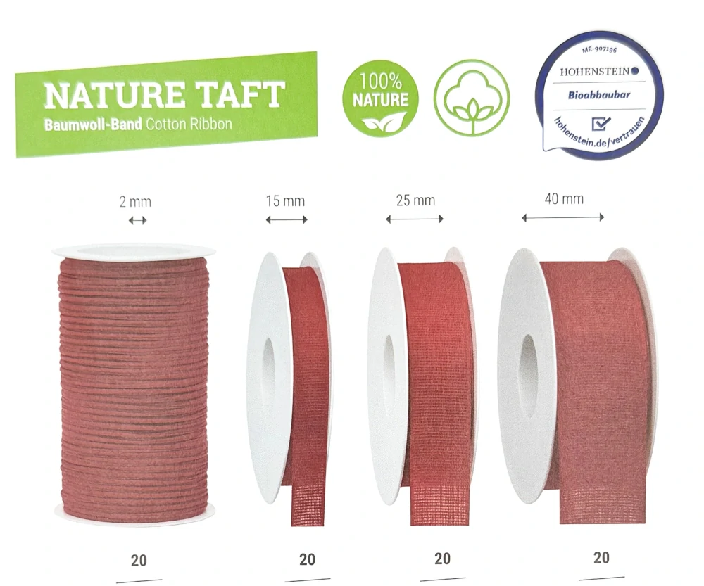 Stuha látková Nature Taft – Classic Red červená 25mm x 2m (9,-Kč/m)