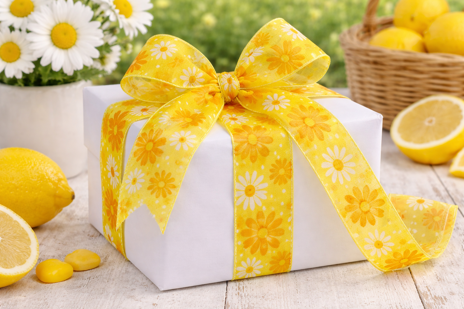 SPRING FLOWER YELLOW – taftová stuha žlutá s květinovým potiskem 40mm × 2m
