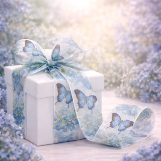 Taftová stuha Blue Butterfly Meadow 40mm × 20m – průsvitná, motýlí potisk