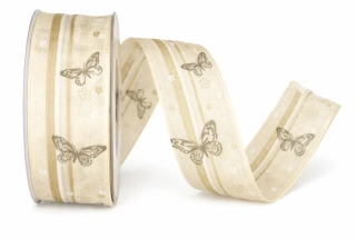 Bavlněná stuha BUTTERFLY GARDEN krémová 40mm x 20m – motýli, přírodní elegance