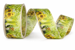 Taftová stuha SUNFLOWER GARDEN – letní zahradní motiv se slunečnicemi 40mm x 2m (9,-Kč/m)