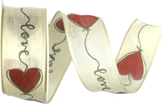 Bavlněná stuha LOVE BALLOON červená – srdce s nápisem, romantická 25mm x 2m