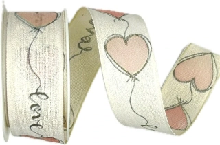 Bavlněná stuha LOVE BALLOON červená – srdce s nápisem, romantická 25mm x 2m